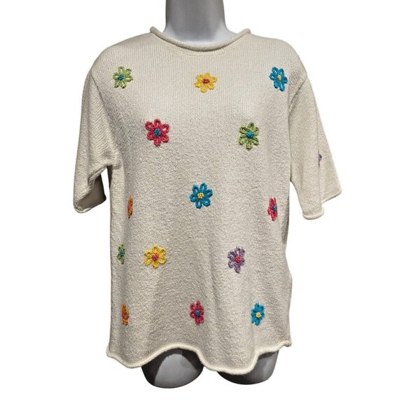 Northern Isles Sweaters - Northern Isles Hand Embroidered Sweater Pullover Short Sleeve White Stretch